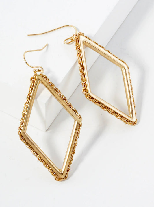 Wheat-Chain Wrapped Metal Diamond-Shaped Dangle Earrings