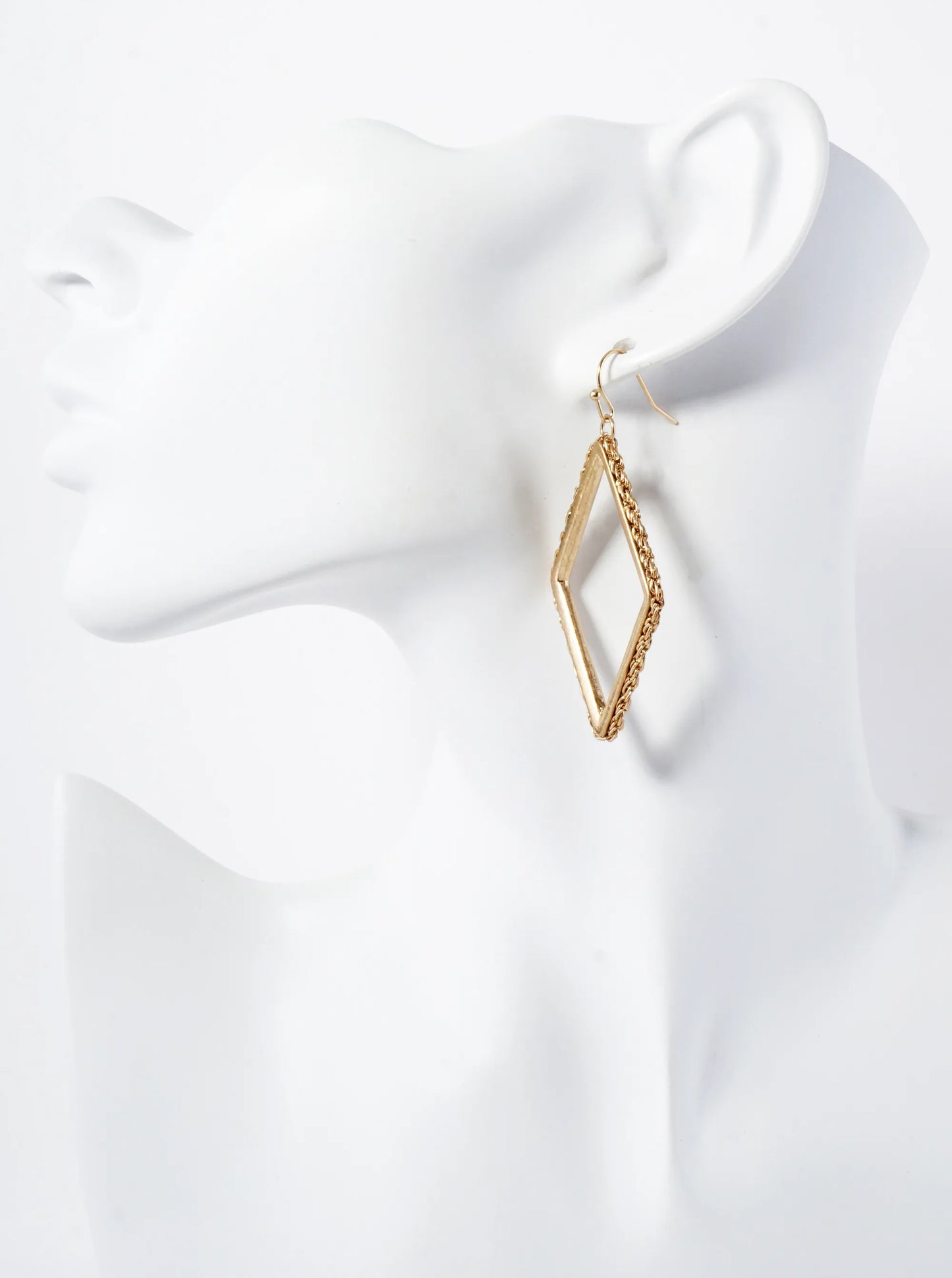 Wheat-Chain Wrapped Metal Diamond-Shaped Dangle Earrings