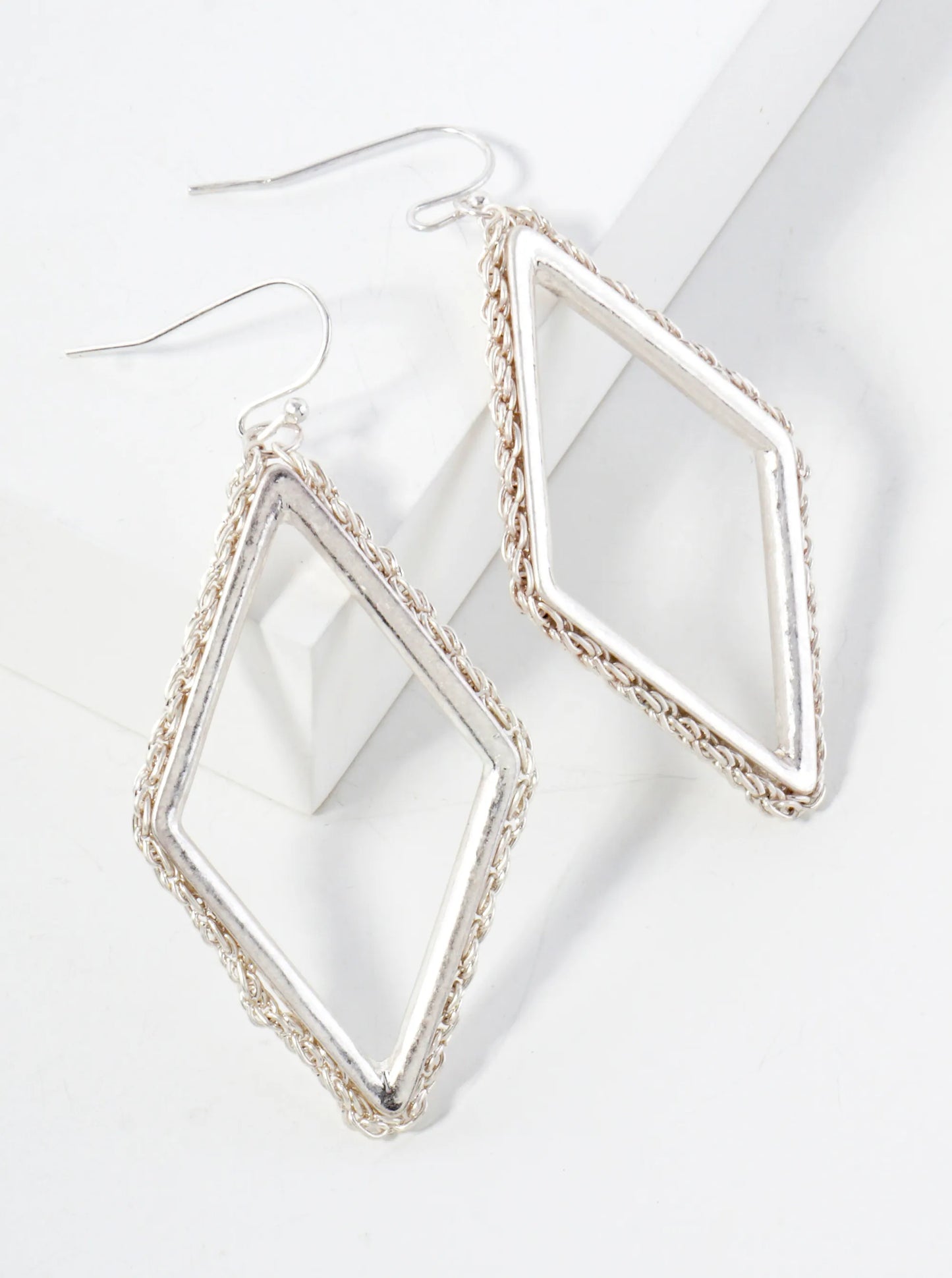 Wheat-Chain Wrapped Metal Diamond-Shaped Dangle Earrings