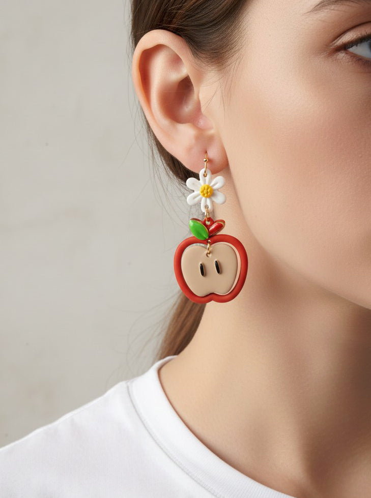 Whimsical Apple & Daisy Dangle Earrings