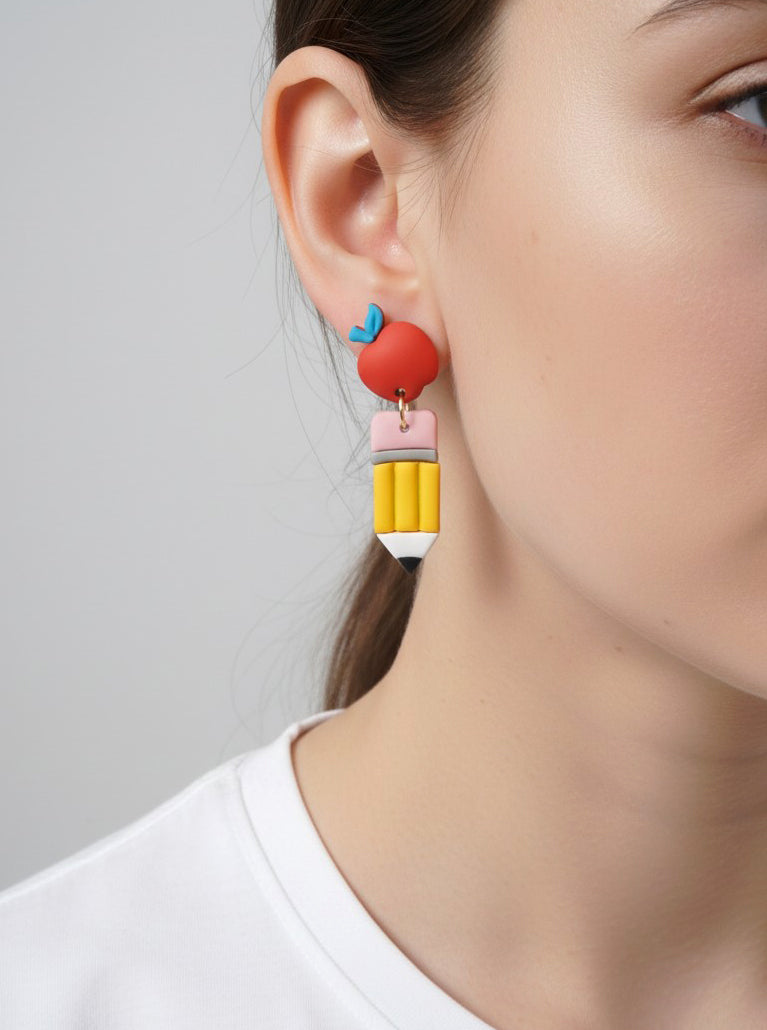 Whimsical Apple & Pencil Dangle Earrings