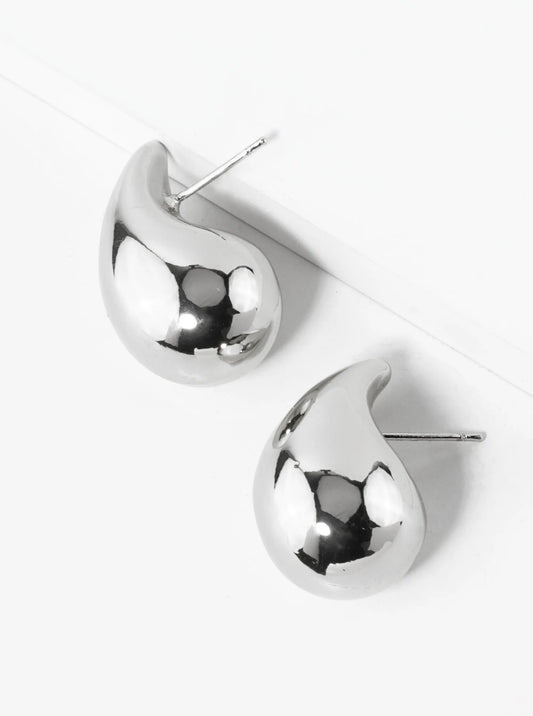 White Gold Dipped 1 Inch 3D Hollow Puffy Teardrop Stud Earrings