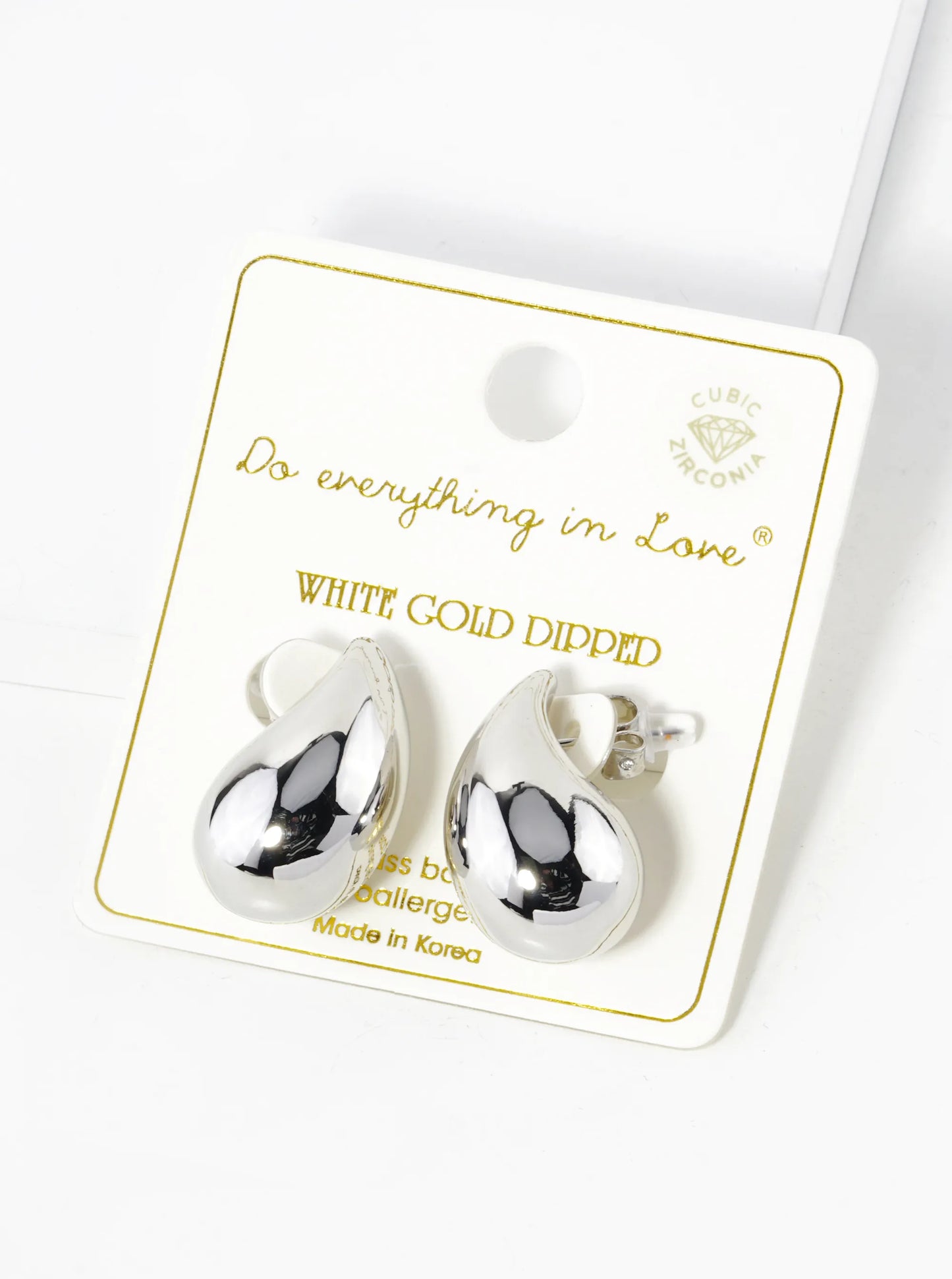White Gold Dipped 1 Inch 3D Hollow Puffy Teardrop Stud Earrings