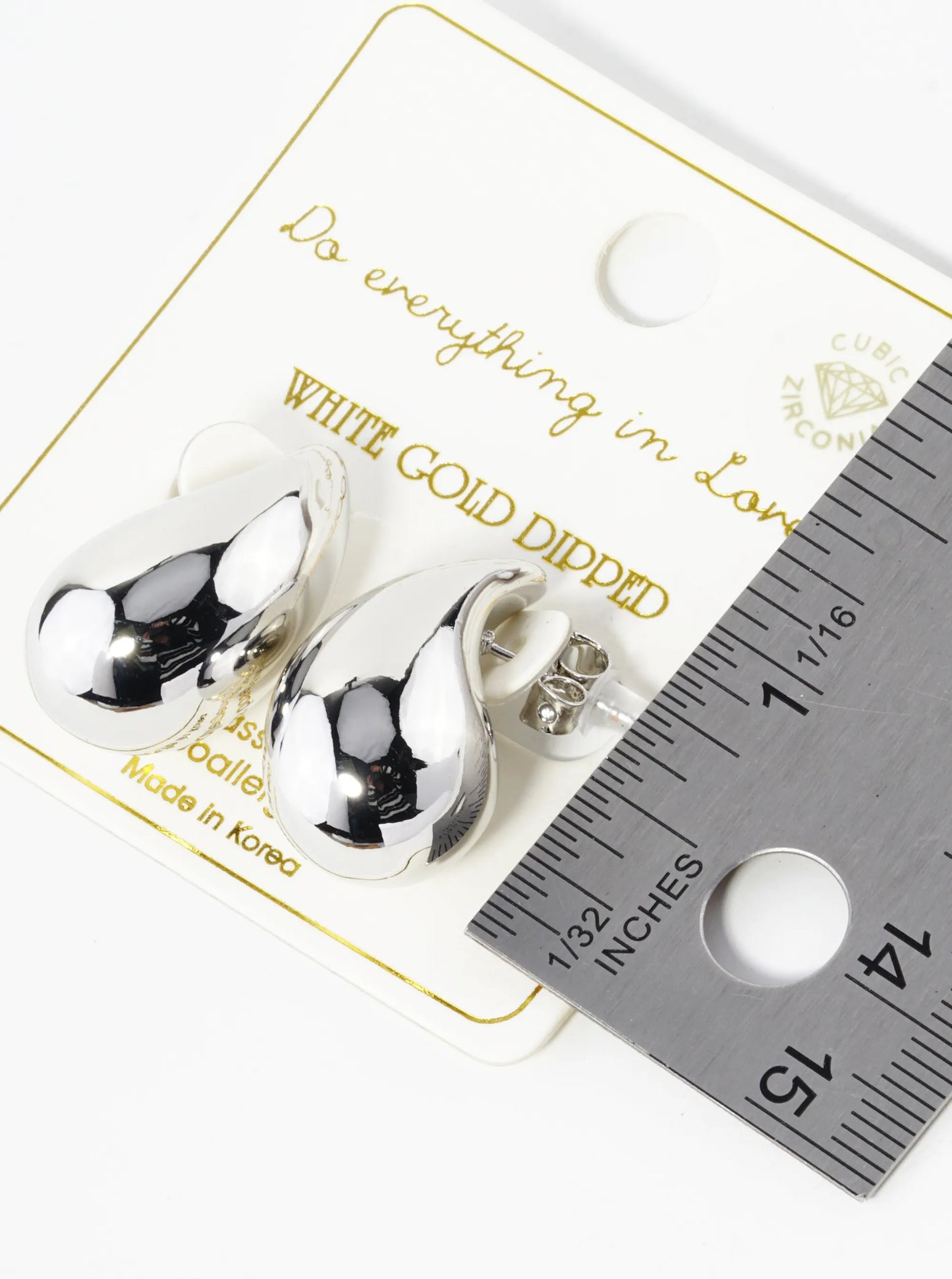 White Gold Dipped 1 Inch 3D Hollow Puffy Teardrop Stud Earrings