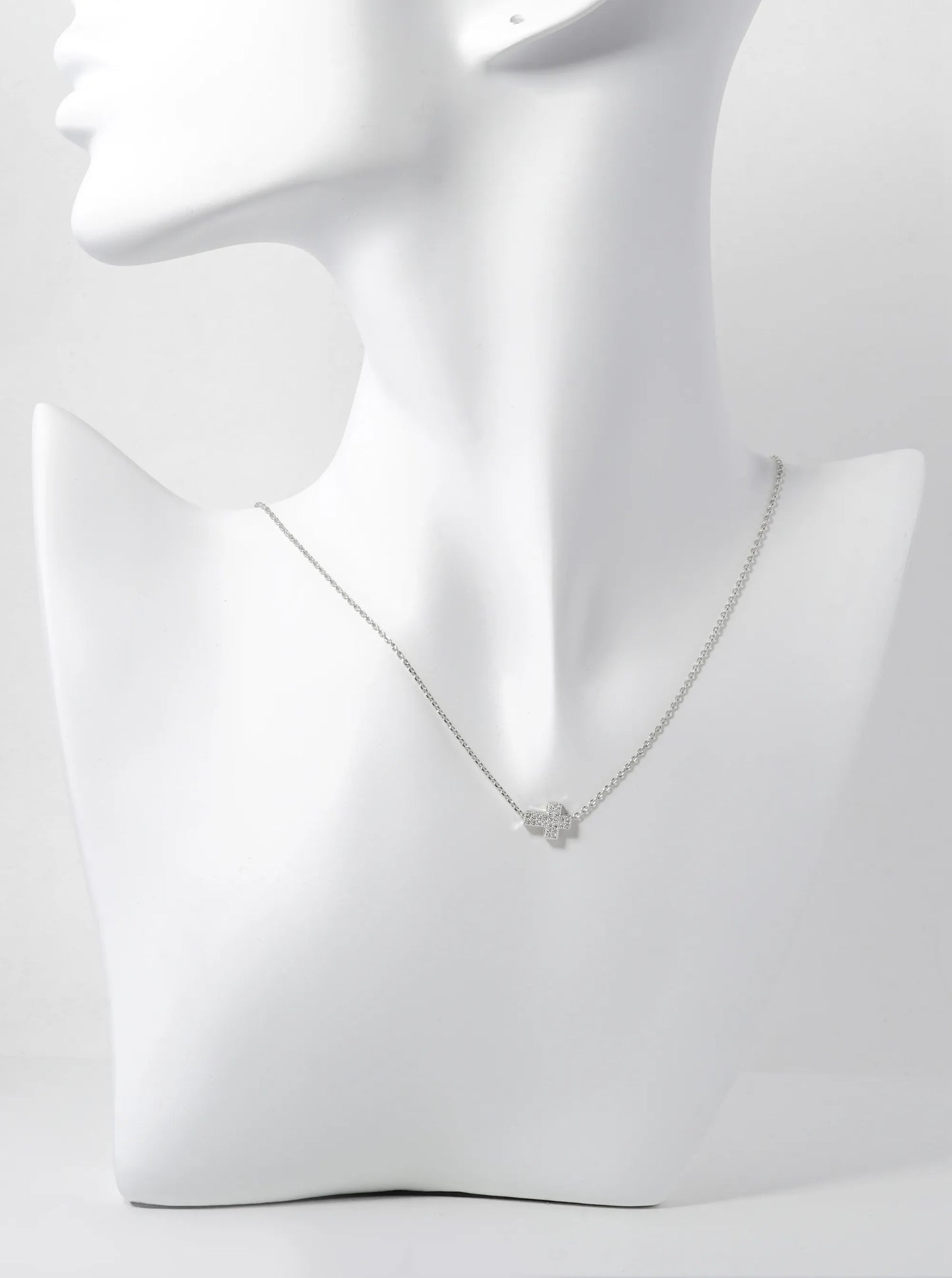 White Gold Dipped 10mm Sideways Pave Cubic Zirconia Cross Pendant Necklace