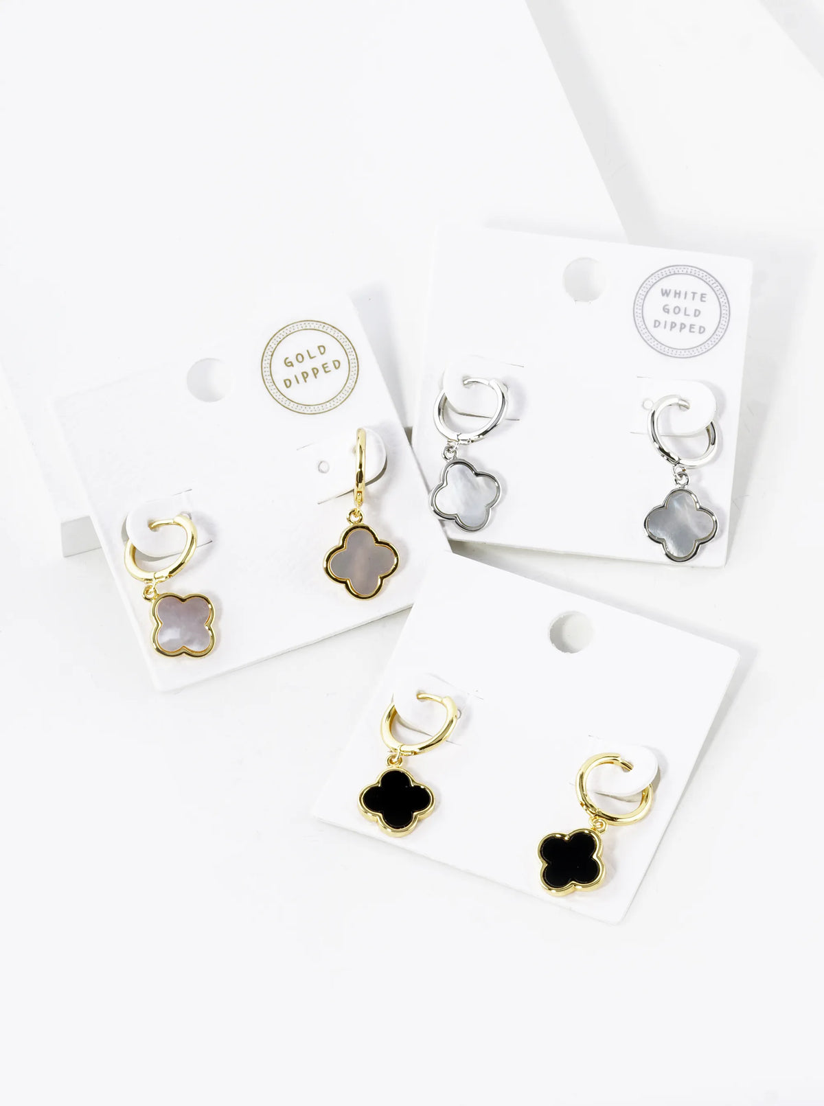 White Gold Dipped 11mm Quatrefoil Drop 10mm Huggie Hoop Earrings
