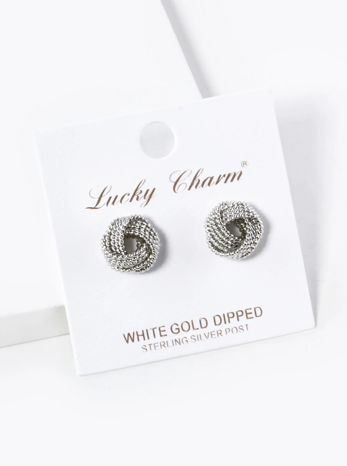 White Gold Dipped 11mm Textured Brass Love Knot Stud Earrings