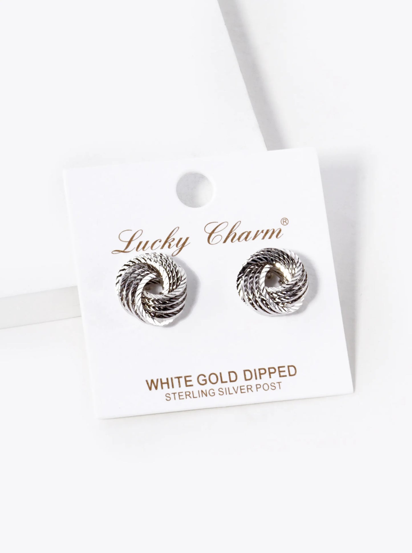 White Gold Dipped 14mm Textured Brass Love Knot Stud Earrings
