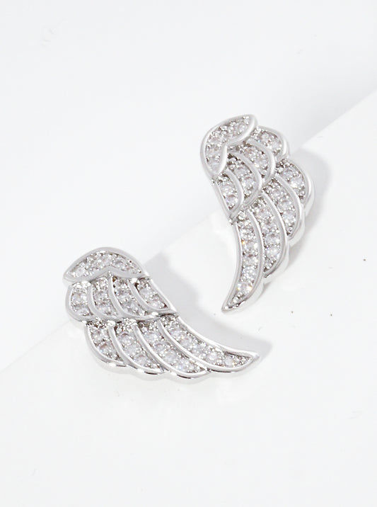 White Gold Dipped 15mm Angel Wings CZ Pave Sterling Silver Post  Stud Earrings