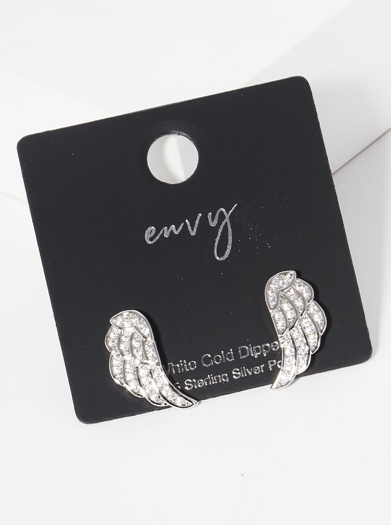 White Gold Dipped 15mm Angel Wings CZ Pave Sterling Silver Post Stud Earrings