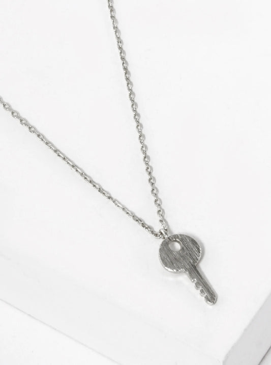 White Gold Dipped 15mm Brushed Brass Key Pendant Necklace