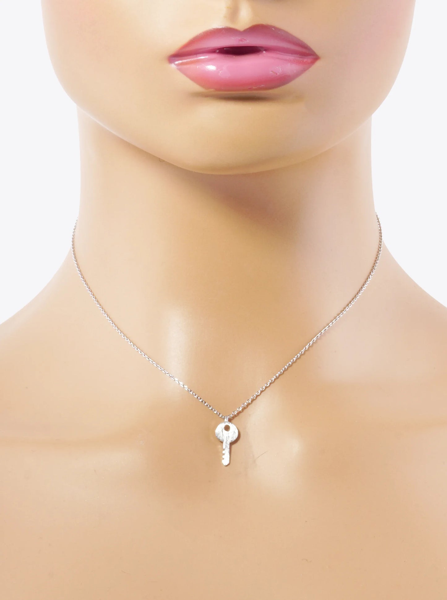 White Gold Dipped 15mm Brushed Brass Key Pendant Necklace