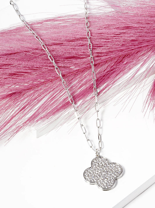 White Gold Dipped 18 Inch CZ Pave Quatrefoil Pendant Necklace