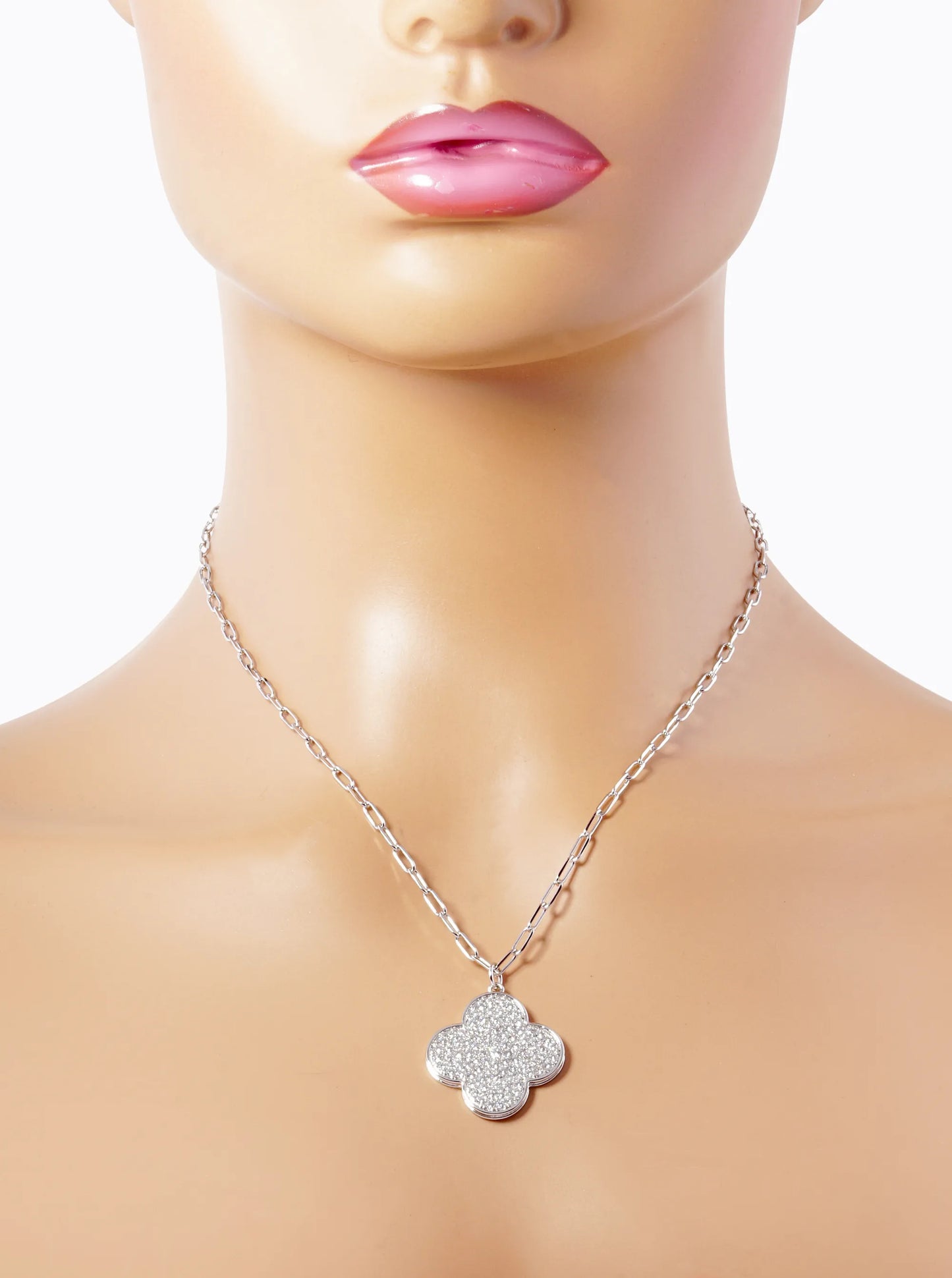 White Gold Dipped 18 Inch CZ Pave Quatrefoil Pendant Necklace