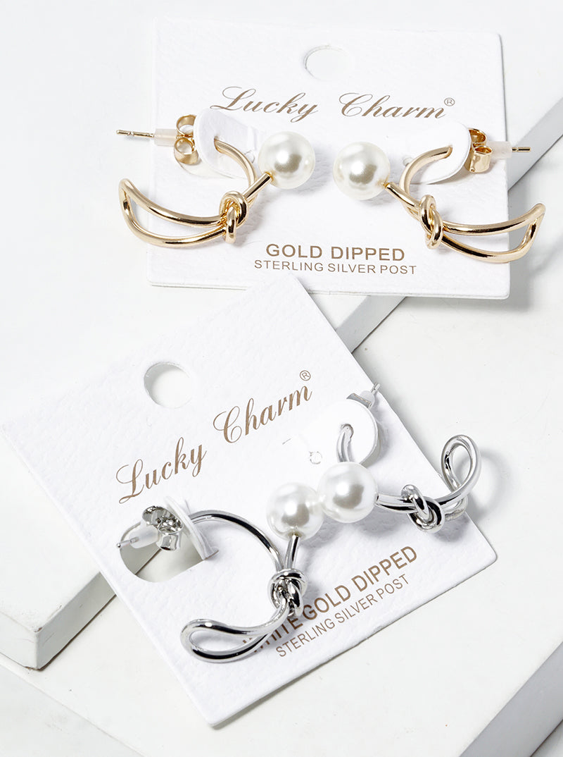 White Gold Dipped 20mm Love Knot Open Hoop Earrings With Pearl
