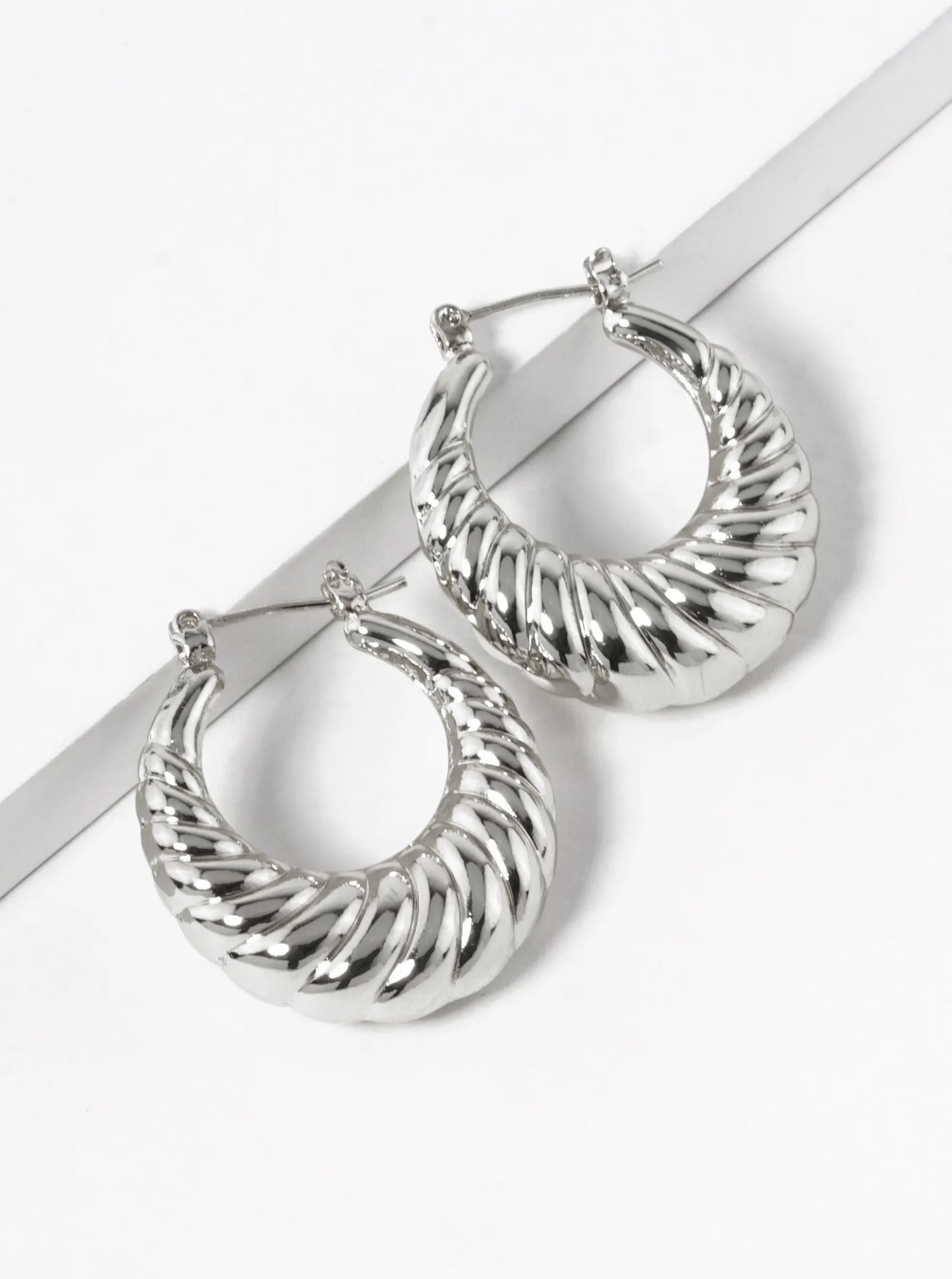 White Gold Dipped 25mm Textured Hollow Puffy Hoop Earrings