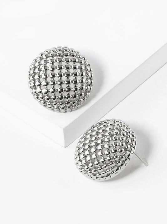 White Gold Dipped 3D Ball Textured Mesh Button Stud Earrings