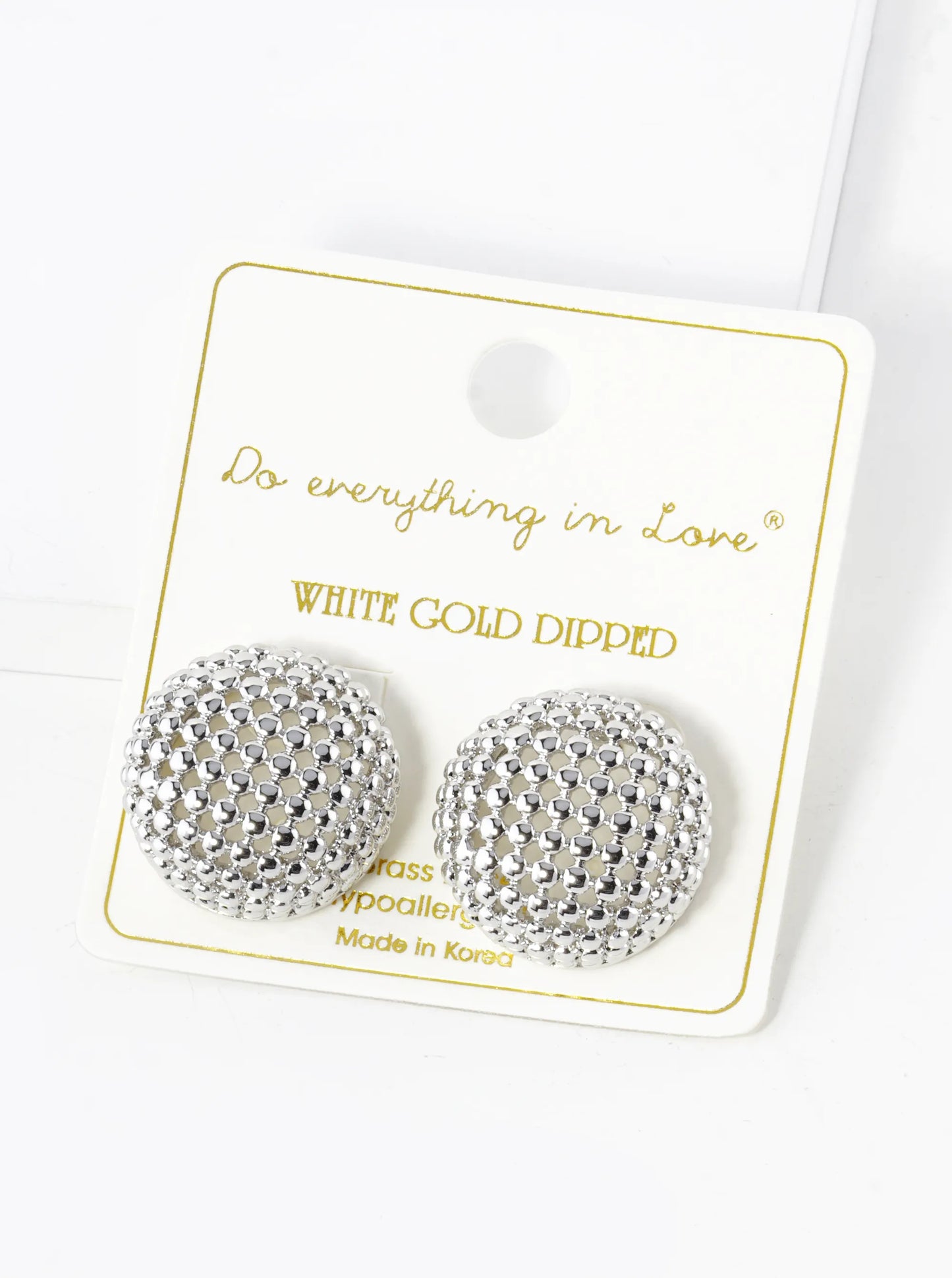 White Gold Dipped 3D Ball Textured Mesh Button Stud Earrings
