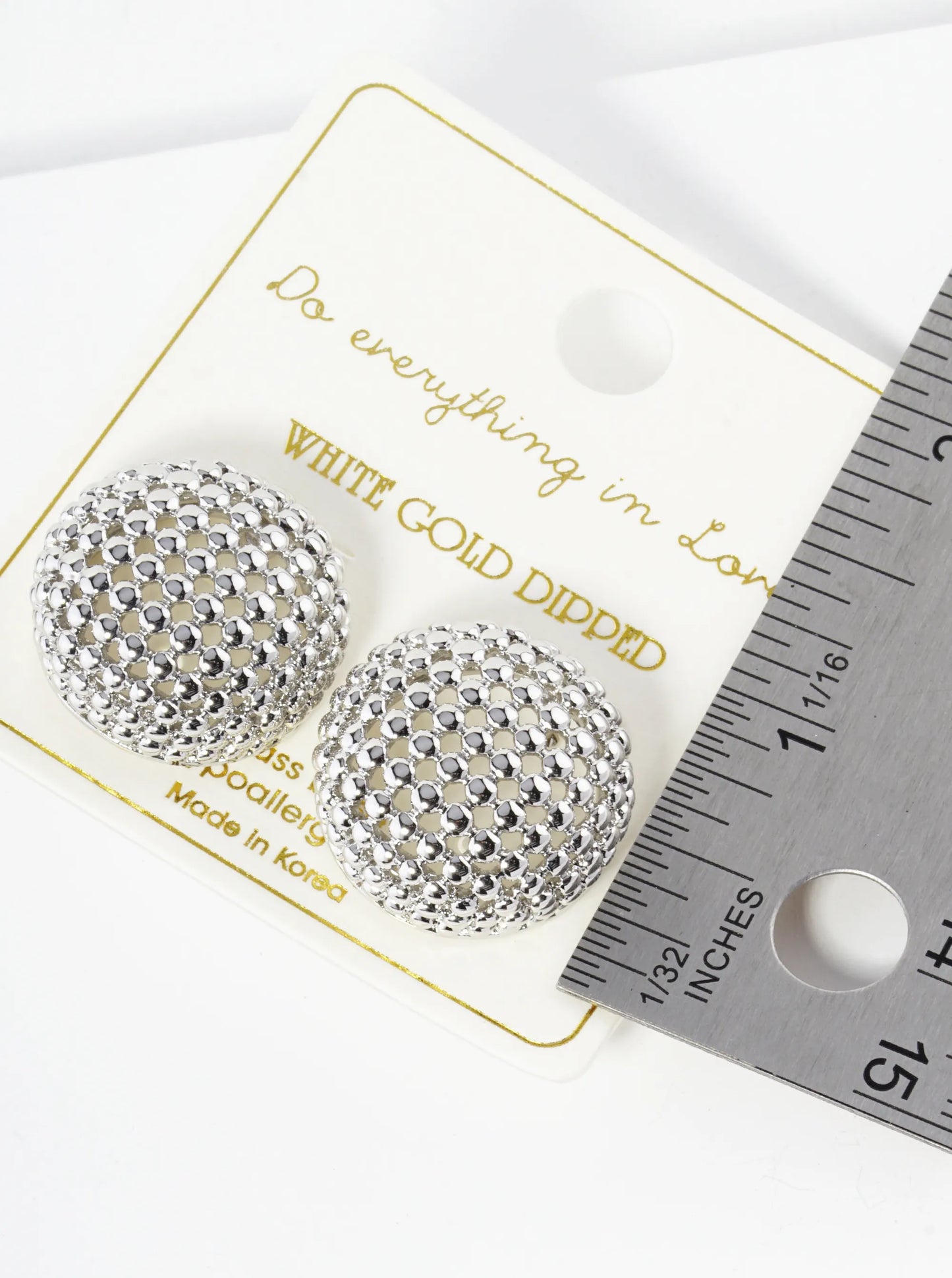 White Gold Dipped 3D Ball Textured Mesh Button Stud Earrings