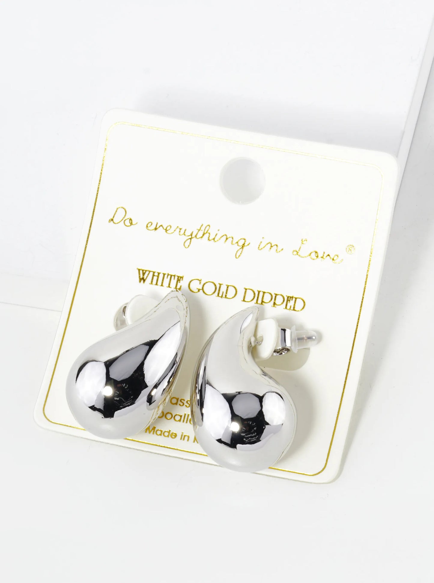 White Gold Dipped 3D Hollow Puffy Teardrop Stud Earrings