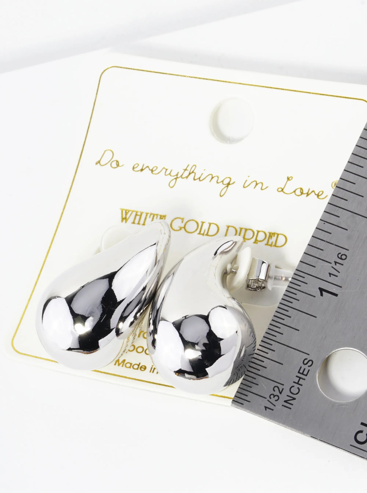 White Gold Dipped 3D Hollow Puffy Teardrop Stud Earrings