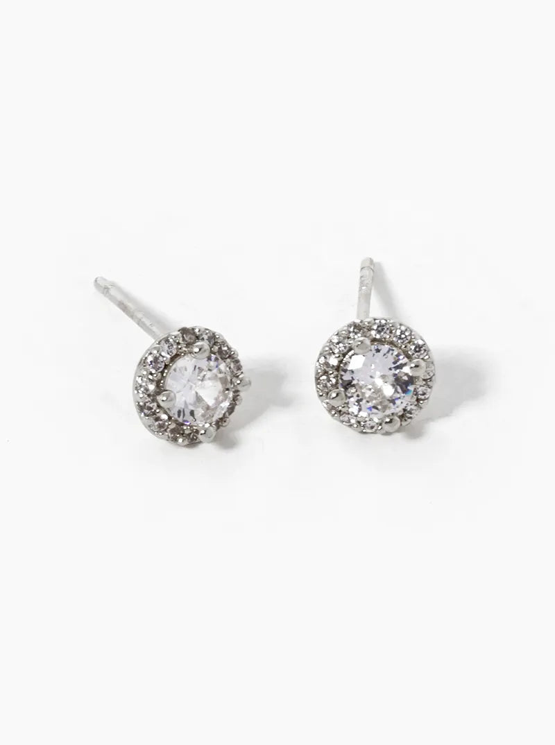 White Gold Dipped 4-Prong CZ Pave Round Stud Earrings