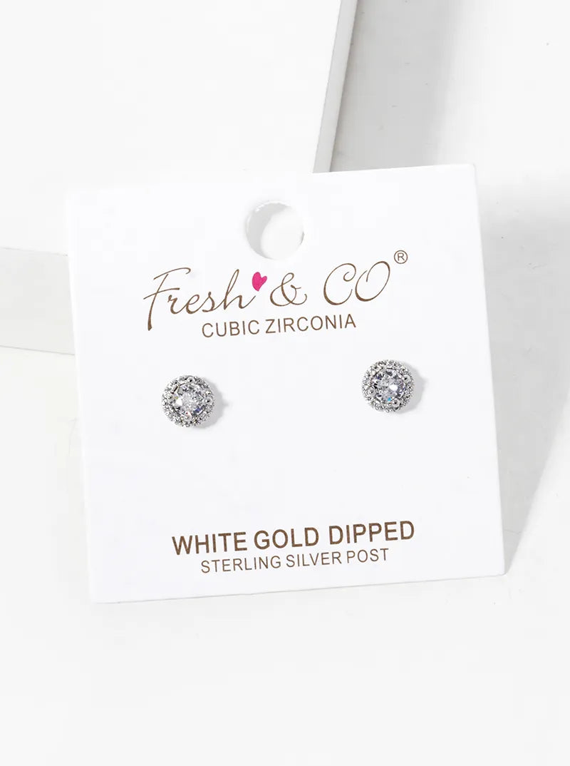 White Gold Dipped 4-Prong CZ Pave Round Stud Earrings