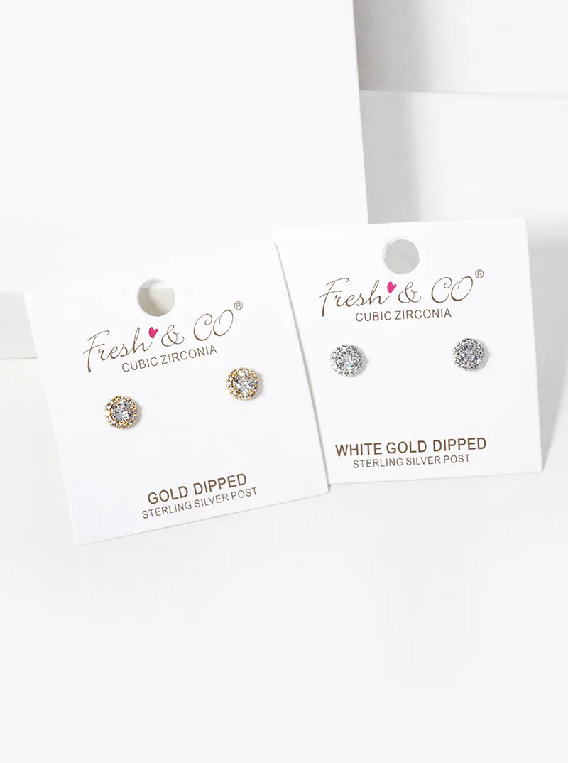 White Gold Dipped 4-Prong CZ Pave Round Stud Earrings
