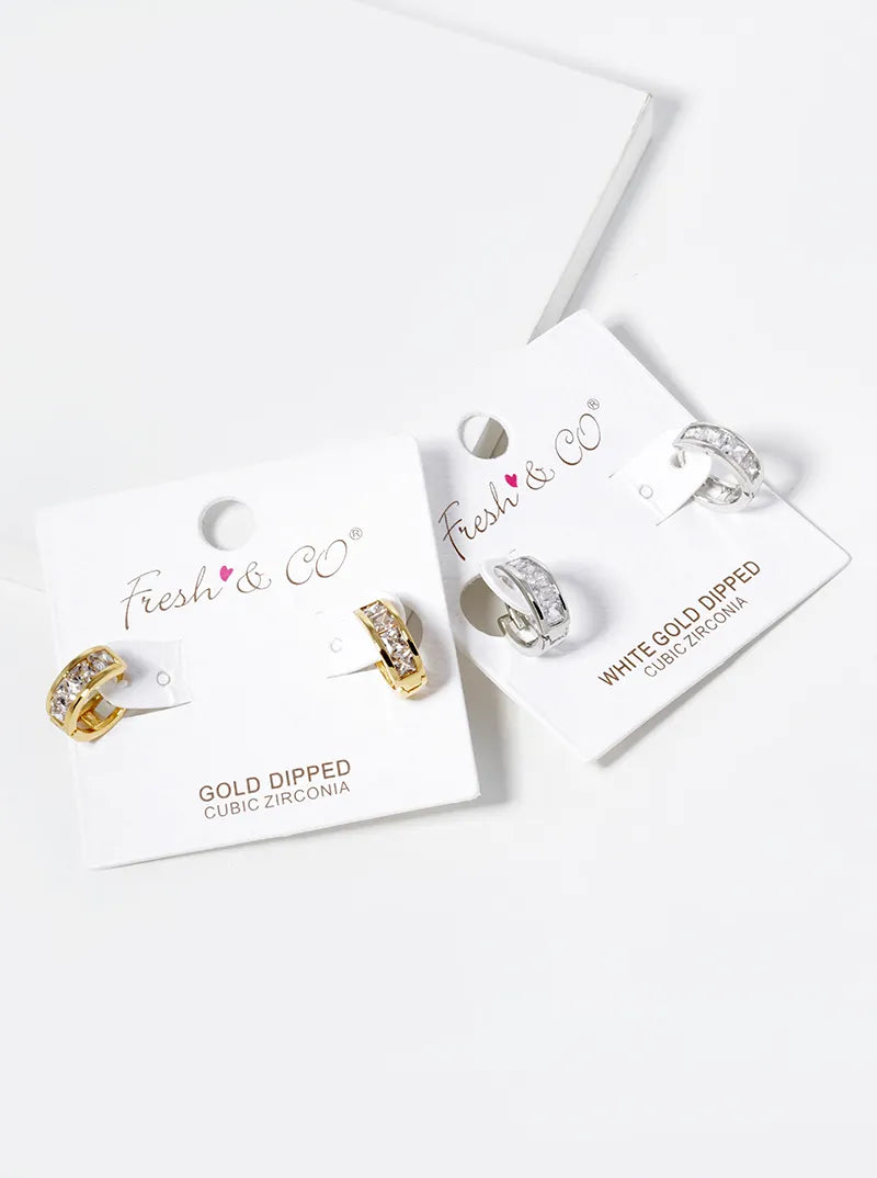 White Gold Dipped 4 Square CZ Pave Huggie Hoop Earrings