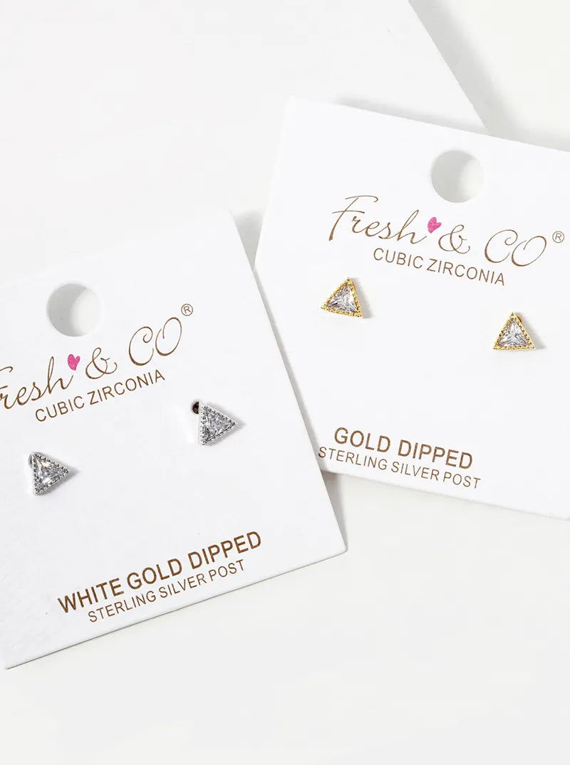 White Gold Dipped 5mm CZ Triangle Stud Earrings