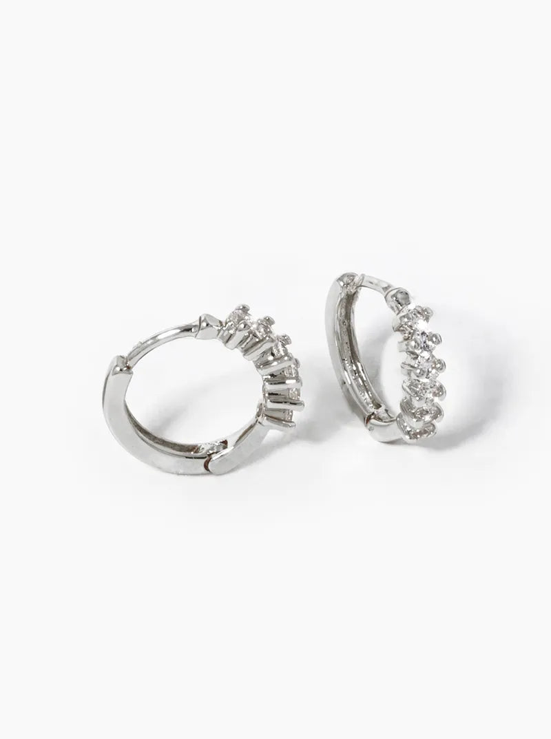 White Gold Dipped 6 CZ Stone Pave 11mm Huggie Hoop Earrings