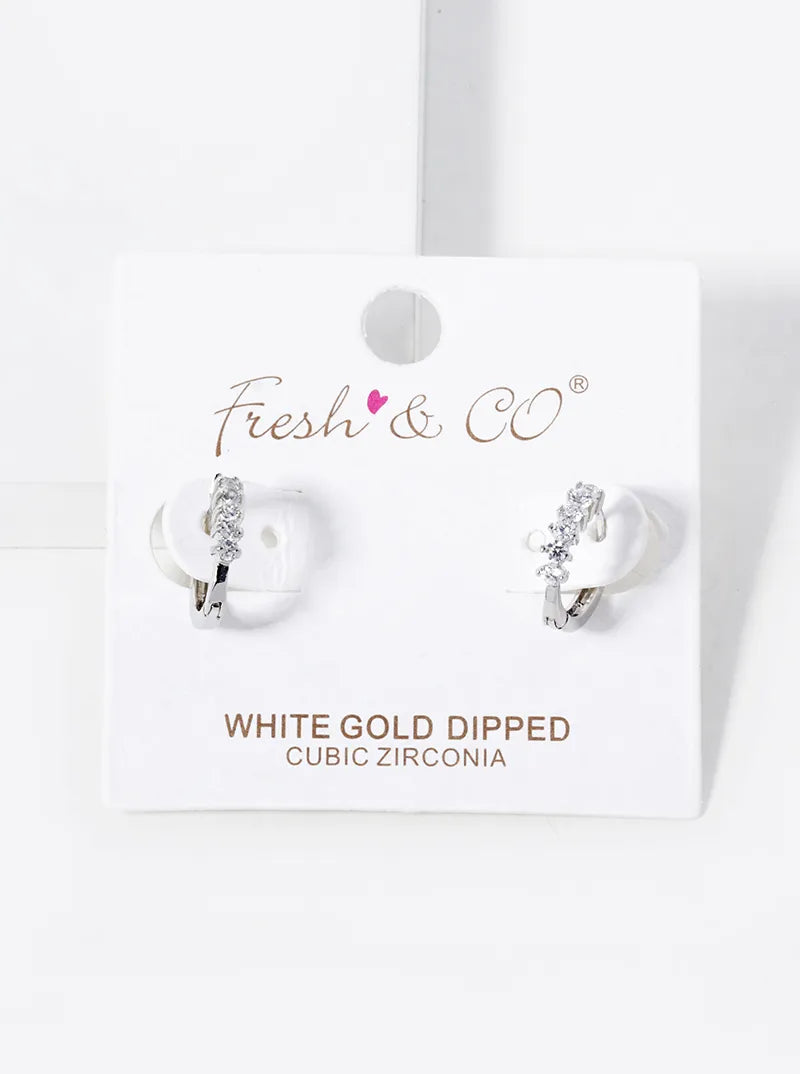 White Gold Dipped 6 CZ Stone Pave 11mm Huggie Hoop Earrings