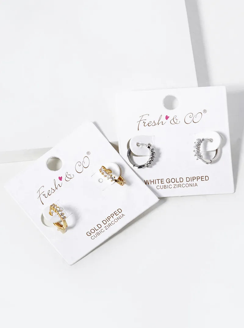 White Gold Dipped 6 CZ Stone Pave 11mm Huggie Hoop Earrings