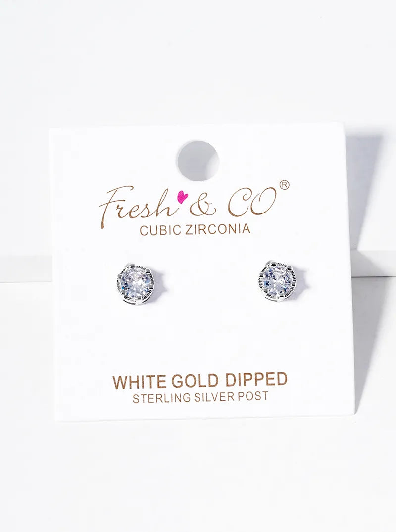 White Gold Dipped 6-Prong CZ Post Stud Earrings