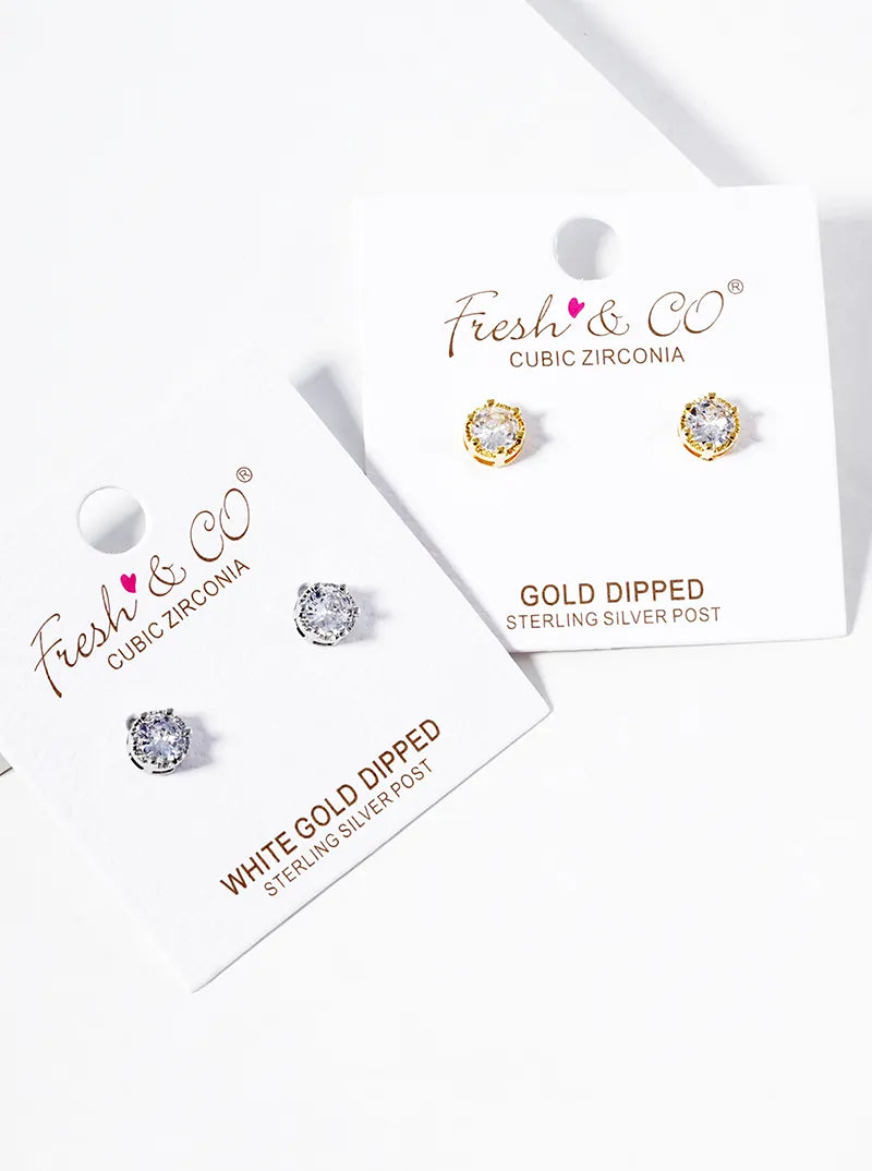 White Gold Dipped 6-Prong CZ Post Stud Earrings