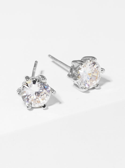 White Gold Dipped 6mm 6-Prong Crown CZ Sterling Silver Post Stud Earrings
