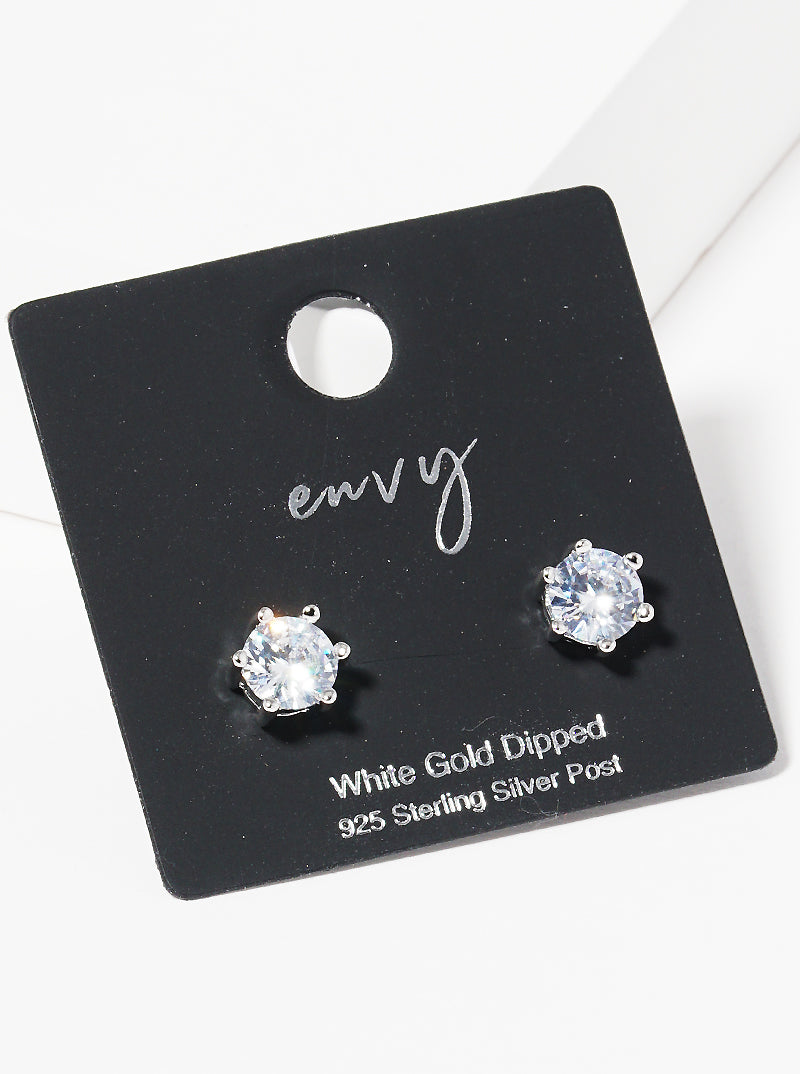 White Gold Dipped 6mm 6-Prong Crown CZ Sterling Silver Post Stud Earrings