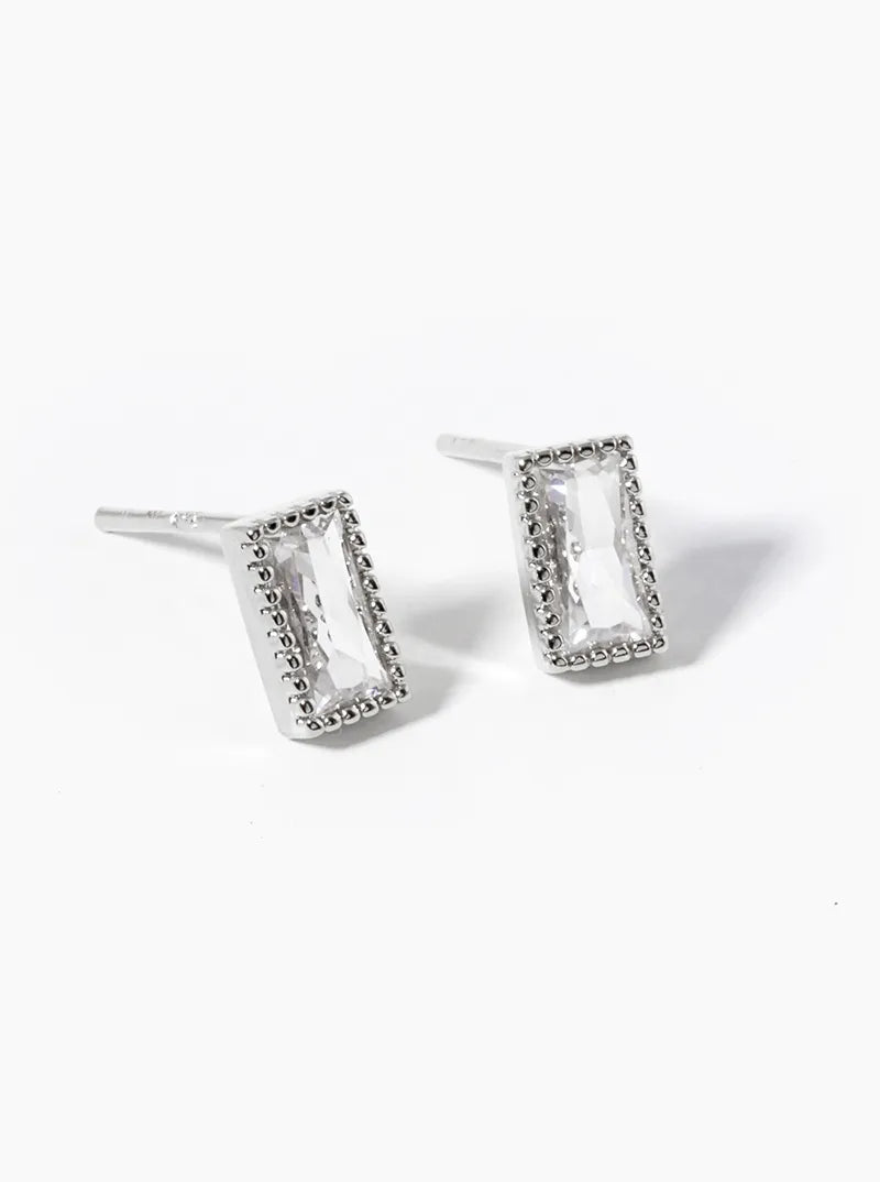 White Gold Dipped 6mm Baguette CZ Post Stud Earrings