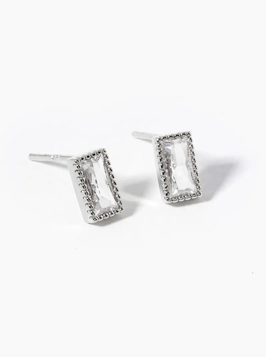 White Gold Dipped 6mm Baguette CZ Post Stud Earrings