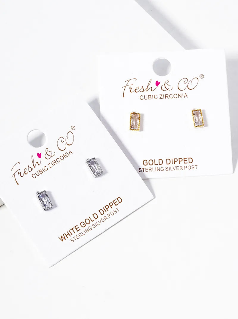 White Gold Dipped 6mm Baguette CZ Post Stud Earrings