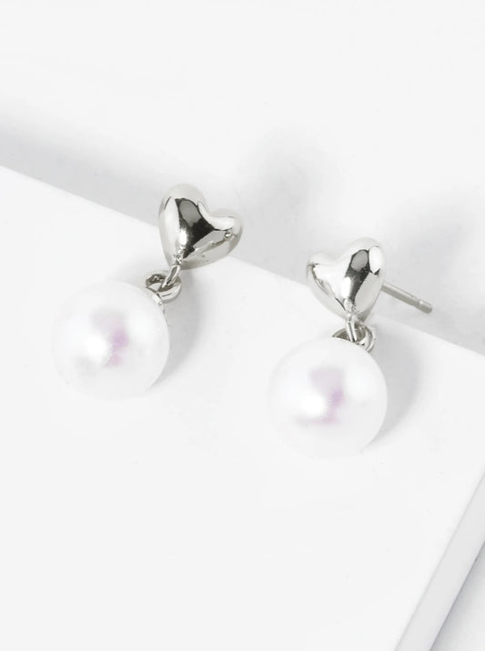 White Gold Dipped 7mm Pearl Bead Drop Heart Post Earrings