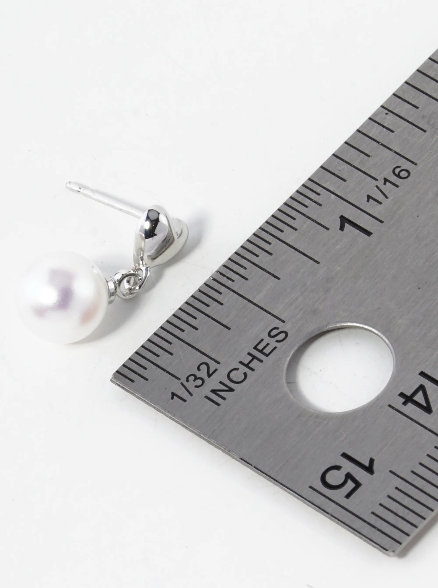White Gold Dipped 7mm Pearl Bead Drop Heart Post Earrings