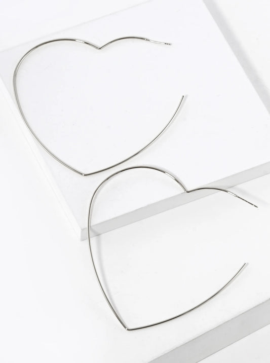 White Gold Dipped 80mm Heart Shape Lightweight Open Hoop Earrings