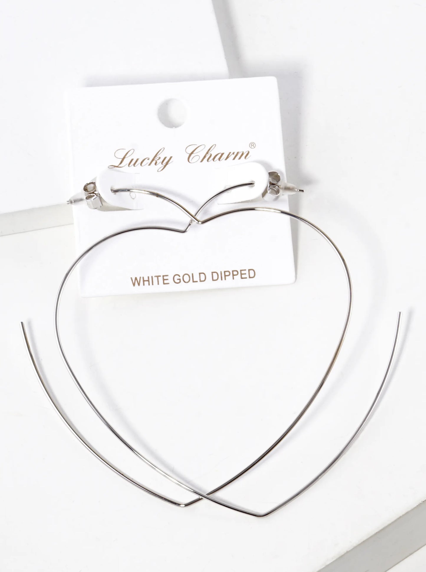 White Gold Dipped 80mm Heart Shape Lightweight Open Hoop Earrings