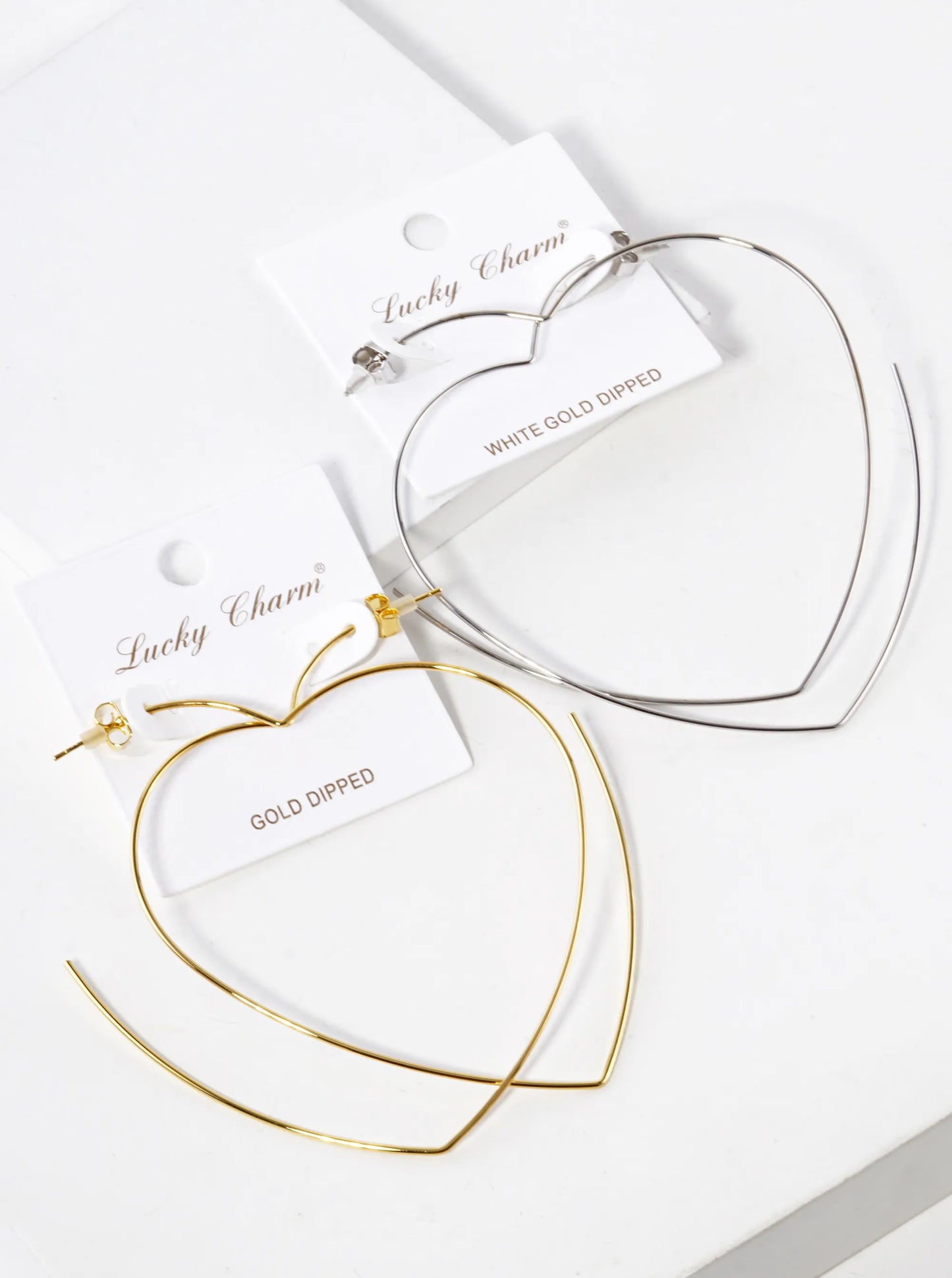 White Gold Dipped 80mm Heart Shape Lightweight Open Hoop Earrings