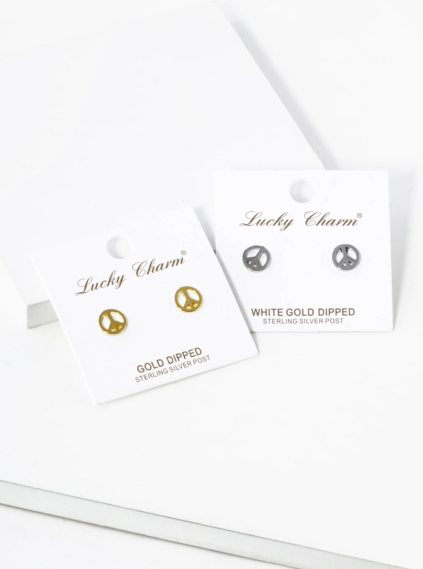 White Gold Dipped 8mm Dainty Peace Sign Brass Stud Earrings