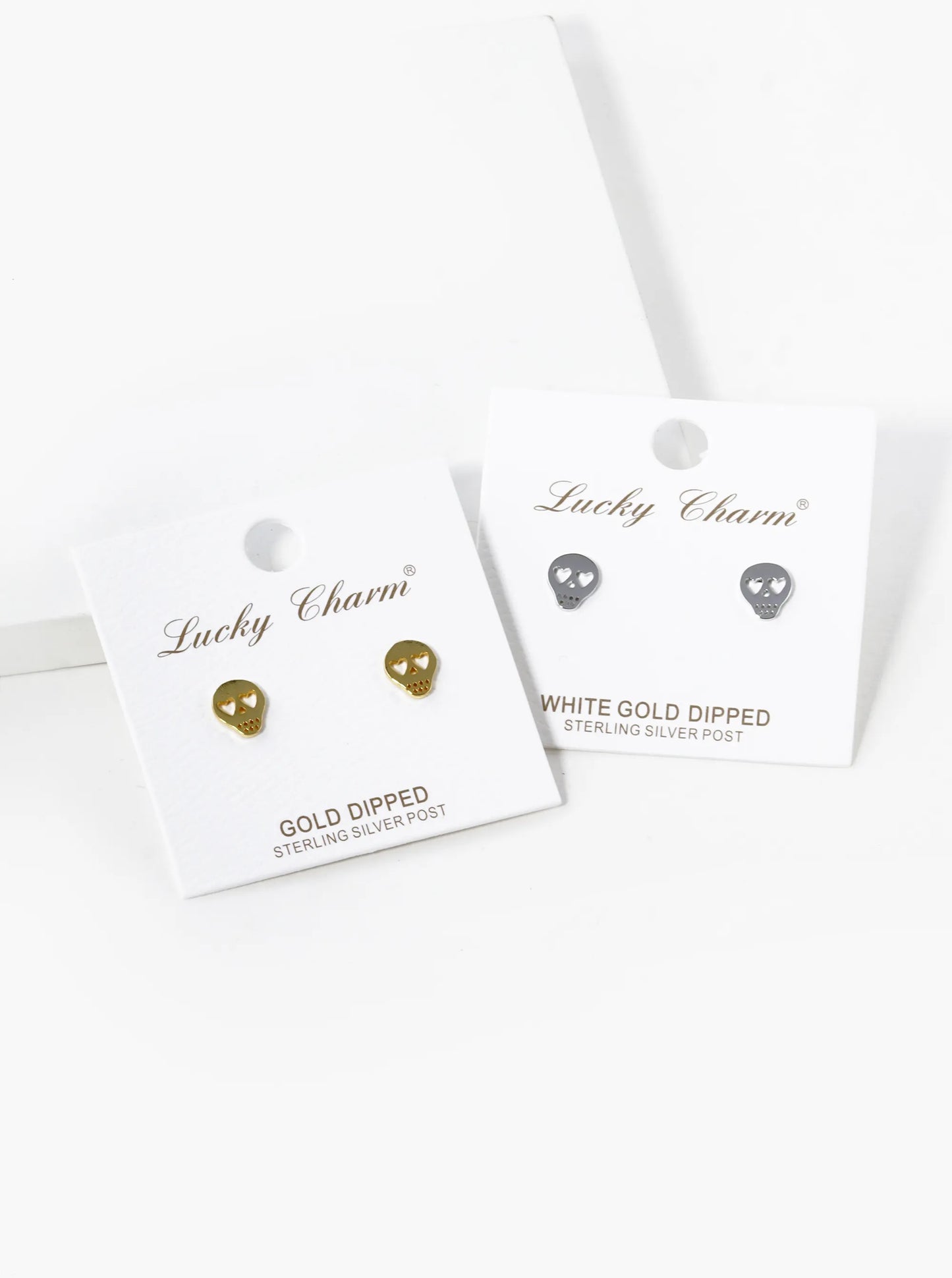 White Gold Dipped 8mm Flat Heart Skull Stud Earrings