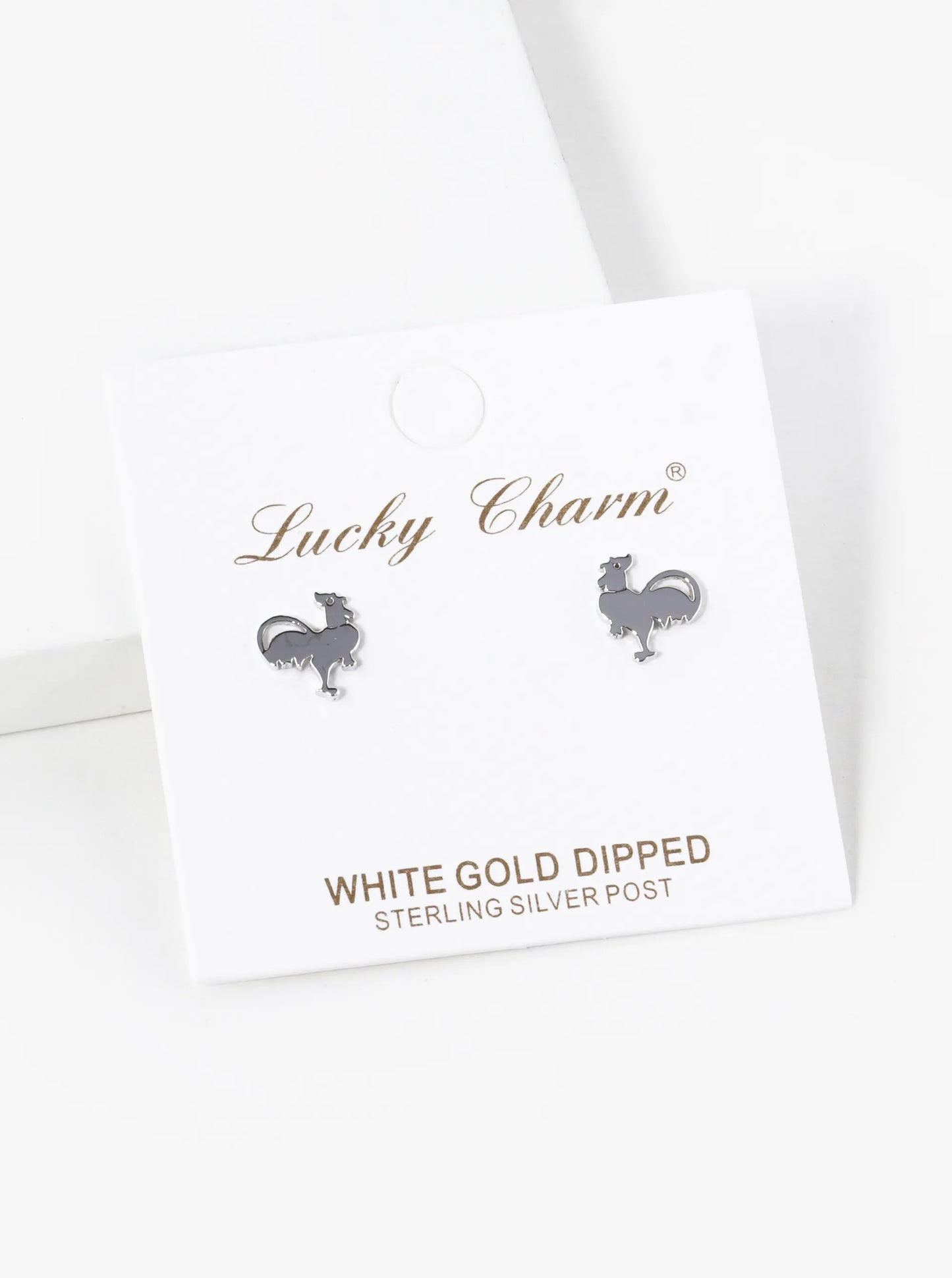 White Gold Dipped 8mm Flat Rooster Stud Earrings