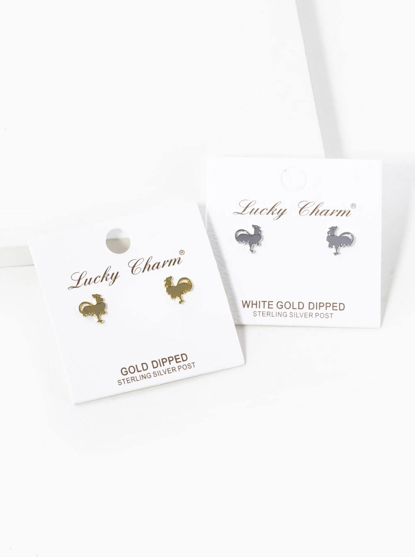 White Gold Dipped 8mm Flat Rooster Stud Earrings