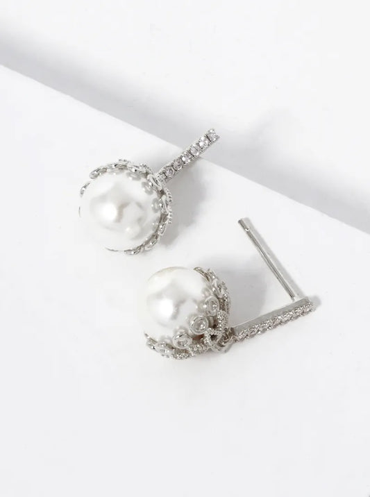 White Gold Dipped 8mm Pearl Bead Drop CZ Pave Bar Post Earrings